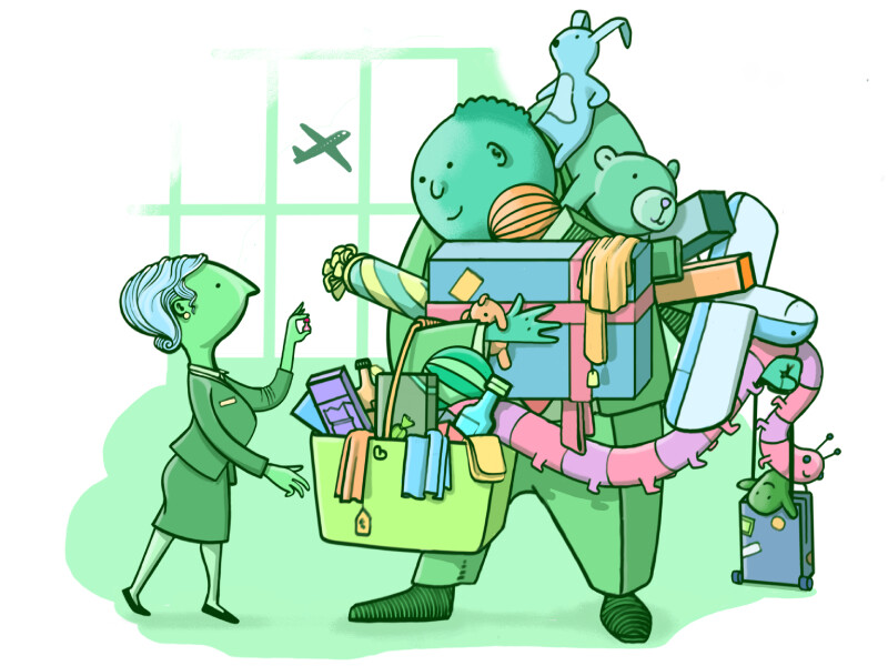 Illustratie van verkoopster in dutyfreewinkel in luchthaven