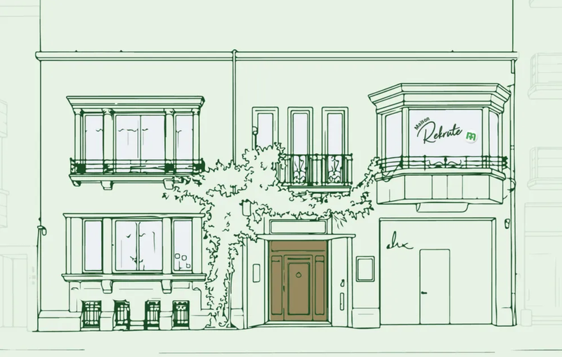 Illustratie van een groot huis met verschillende ramen en een bruine deur.